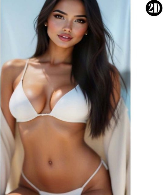 HELLOYOUNG 2D-Flachmetallschild Wandkunst Schöne Brünette im weißen Micro-Triangle-Bikini am tropischen Strand - Bild 1