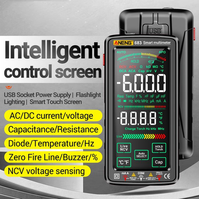ANENG 683 Digitalmultimeter mit großem Touchscreen, intelligentes Universalmessgerät mit 6000 Counts, NCV-Tester und Anti-Verbrennungs-Schutz, Schwarz - Bild 1