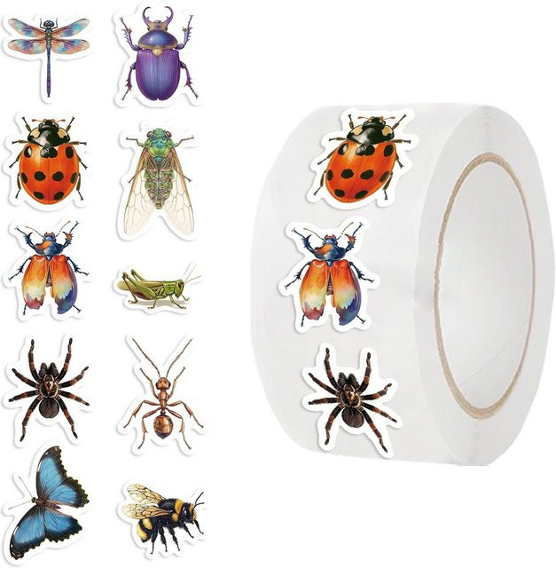 500 Stück Niedliche Insektenaufkleber Rollen von Binchi Outdoor Product als Scrapbooking und Journaling Zubehör mit Motiven wie Spinne, Biene und Ameise in Mehrfarbig für Kinder - Bild 1
