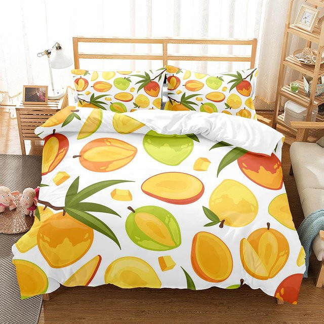 Binchi Bettwäsche-Set Mango mit Fruchtmuster, 3-teilig aus Mikrofaser, Mehrfarbig, B/H: 140 x 200 cm - Bild 1