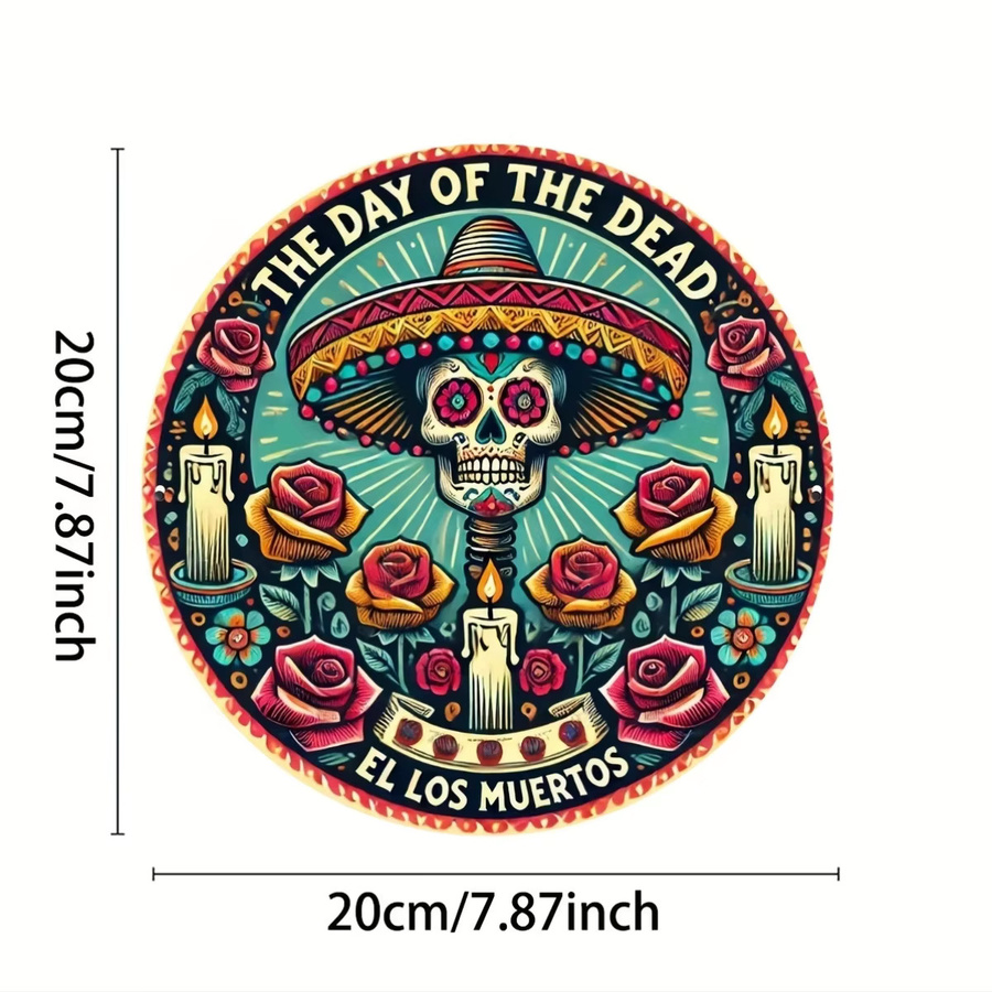 Potdemiel Dia de los Muertos Zuckerschädel-Kranzschild, runde Wanddekoration mit Blumen und Totenköpfen, Mehrfarbig, Durchmesser: 20,3 cm - Bild 2