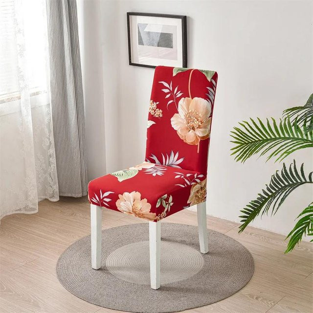 Elastische Stuhlhussen mit Blumenmuster in Rot für Esszimmerstühle - Bild 1
