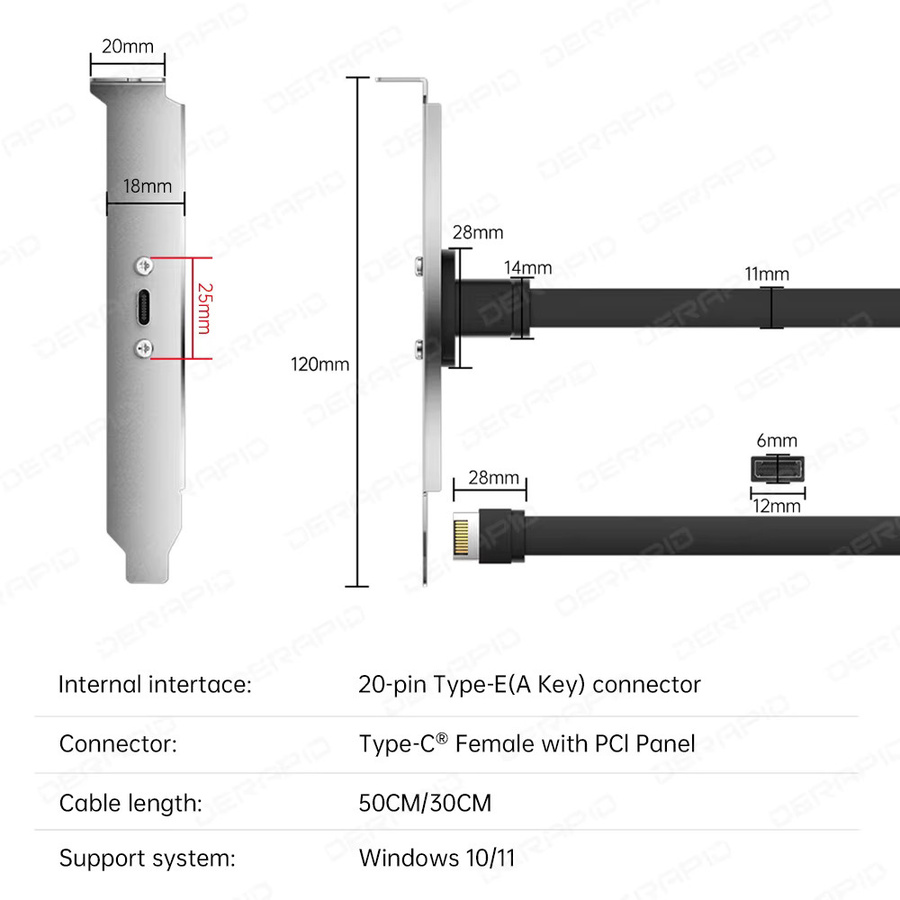 Fenvi USB 3.2 Frontplatten-Header Typ E auf USB-C Buchse 100 W PD-Verlängerungskabel mit Schraube für Panelmontage, Länge: 30 cm oder 50 cm - Bild 5
