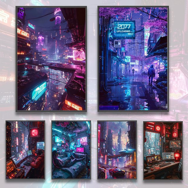 Potdemiel Cyberpunk Stadt Poster Wandkunst in Mehrfarbig - Bild 1