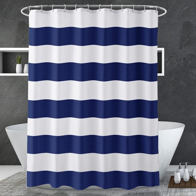 AmazerBath Duschvorhang aus Stoff in Marineblau und Weiß mit Streifen-Design, B: 200 cm, H: 180 cm - Bild 1
