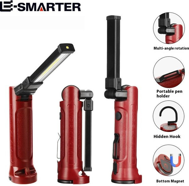 ESMARTER COB LED Arbeitsleuchte mit 180 Grad Faltfunktion, USB wiederaufladbare Taschenlampe mit Magnet und Haken für Camping, Notfall und Reparatur - Bild 1