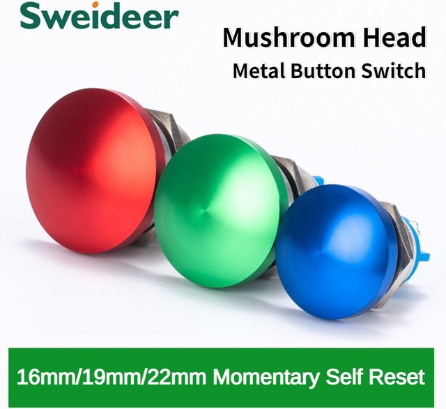 Sweideer Metall-Druckschalter Wasserdicht Momentan Selbstrückstellend mit Pilzkopf und Schraubfuß in Rot, Grün oder Blau (16/19/22mm) - Bild 1