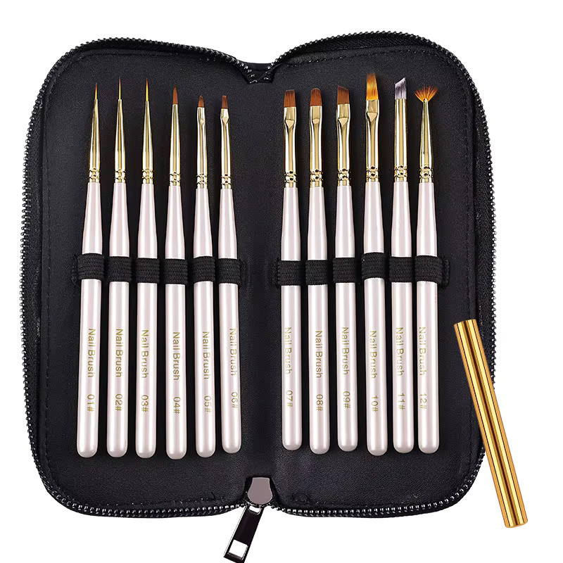 Japanisches Nail-Art Pinselset, 12-teilig, Perlweiß, mit Ledertasche - Bild 3