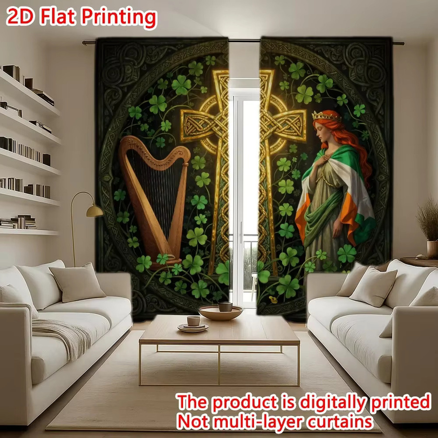 VOZMIO 2er Set St. Patrick's Day Vorhang mit keltischem Kreuz, Harfe und Mädchen in Multicolour - Bild 4