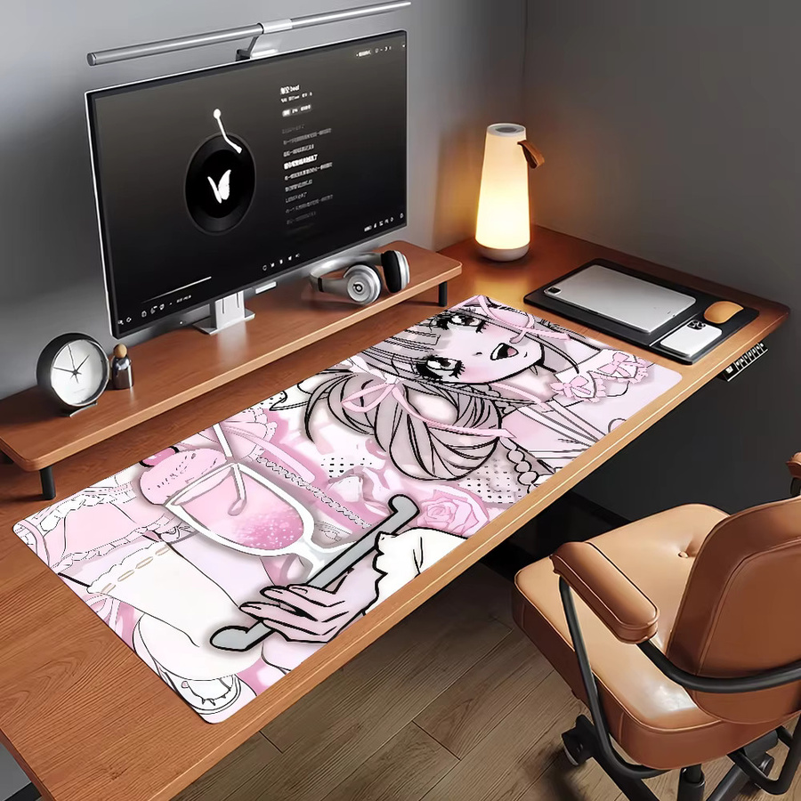 Niedliches Anime Girl Mauspad in Rosa, rutschfeste Schreibtischunterlage für PC und Laptop, XXL Gaming Schreibtischmatte aus Gummi - Bild 5