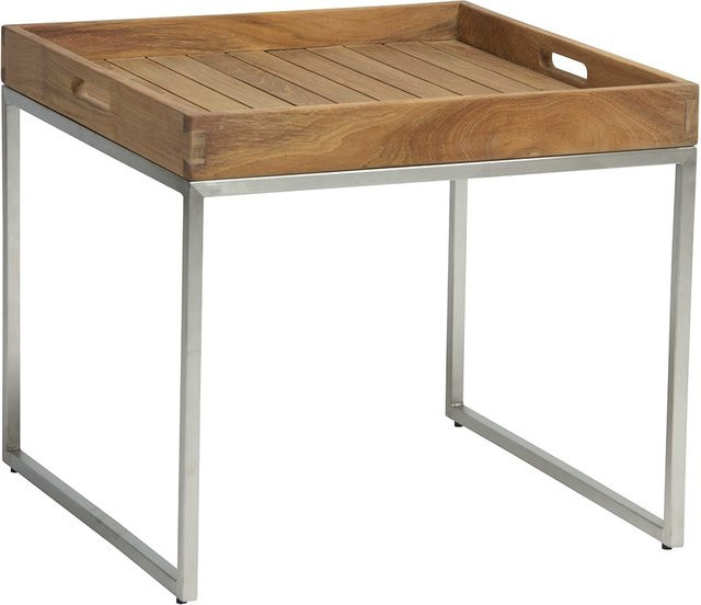 Stern Tabletttisch aus Edelstahl und geöltem Teakholz in Braun, B/T/H: 50 x 45 x 50 cm - Bild 1