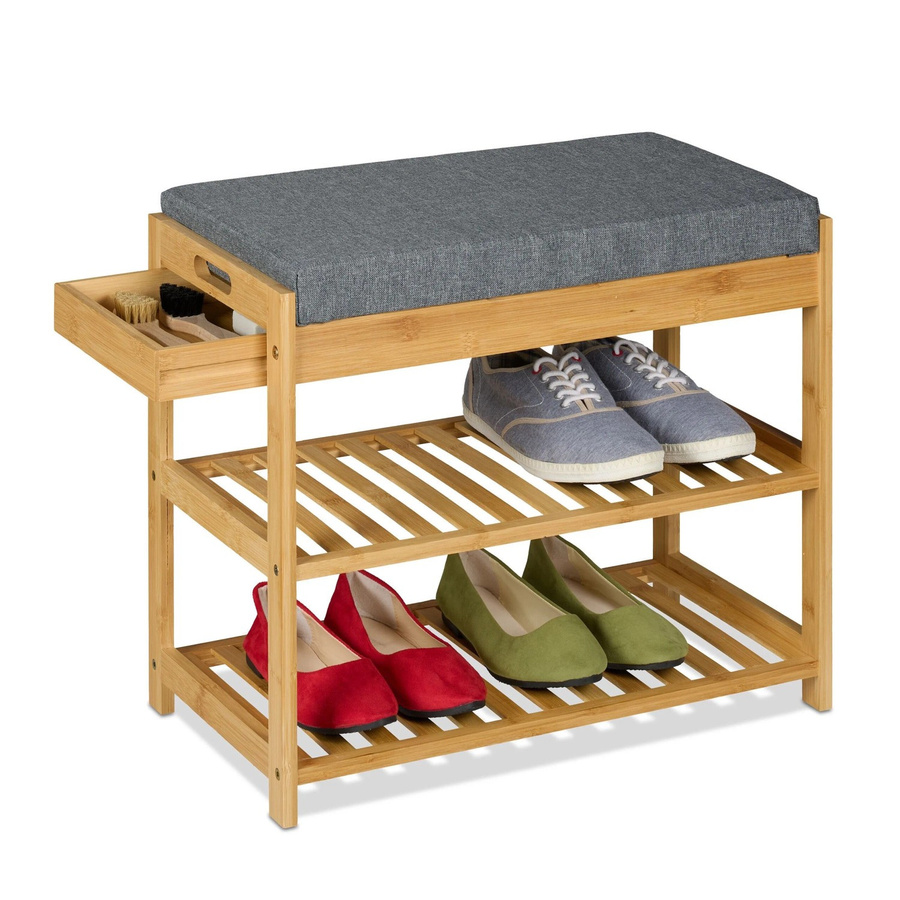 Relaxdays Schuhbank aus Bambus mit gepolsterter Sitzfläche in Grau und praktischer Schublade, B/T/H: 49 x 55 x 30 cm - Bild 2