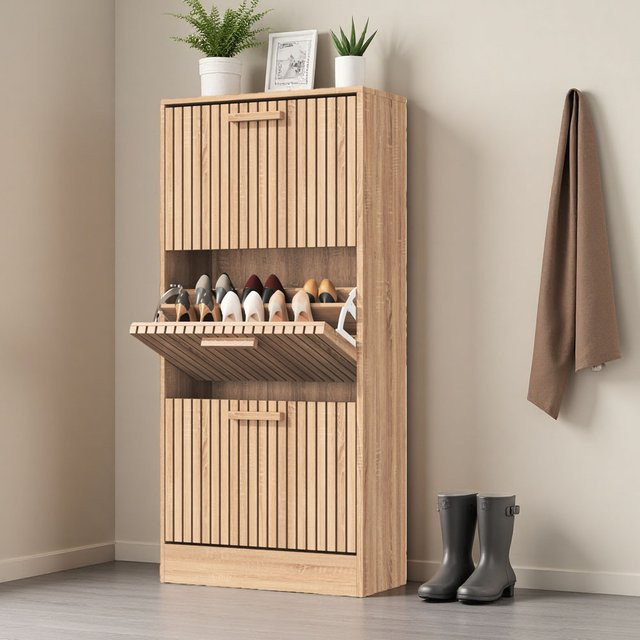 Comanlai Moderner Schuhschrank aus Holz in Braun mit 3 Klappschubladen und Belüftung, Freistehendes Schuhregal für Flur und Wohnzimmer - Bild 1