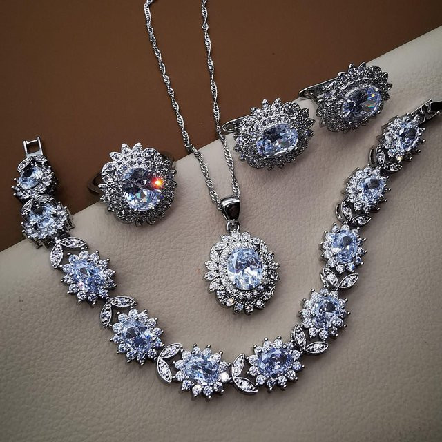 YIRAN Jewelry Schmuckset Damen, Kupfer, Zirkonia, Silber, Blattarmband - Bild 1