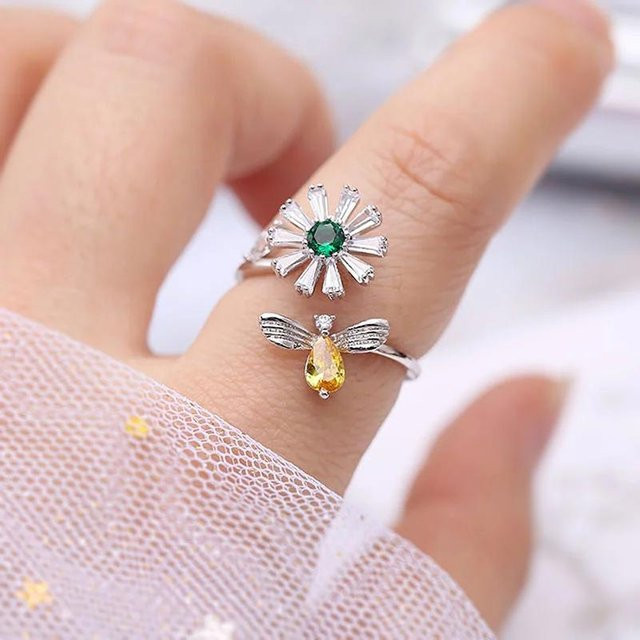 YIRAN Jewelry Öffnungsringe, Blumen und Honigbienen, Goldfarben, Zirkonia, Damen - Bild 1