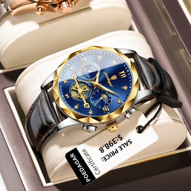 POEDAGAR Armbanduhr Chronograph, Quarz, Leder, Herren, Blau - Bild 1