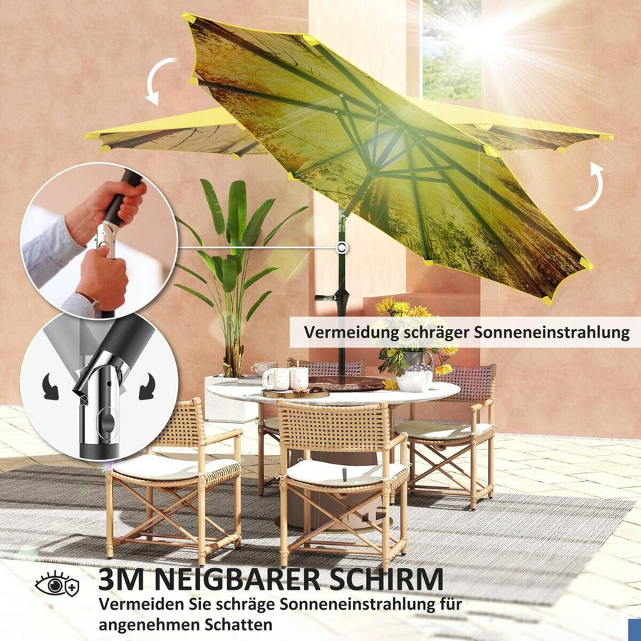 Outsunny Sonnenschirm Gelb mit Muster und Handkurbel, achteckiger Balkonschirm aus Aluminium, Durchmesser: 300 cm, B/H/T: 294 x 247 x 294 cm - Bild 4