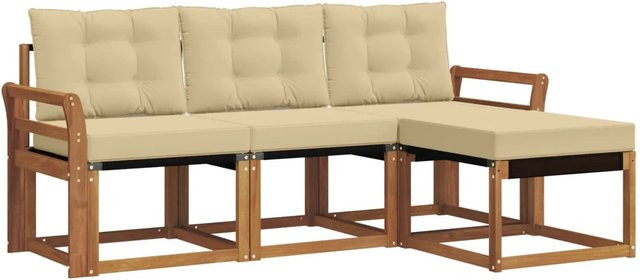 vidaXL Outdoor-Sofagarnitur 4-teilig L-Form aus Akazienholz und Textilene in Natur und Beige mit UV-beständigen Kissen - Bild 1