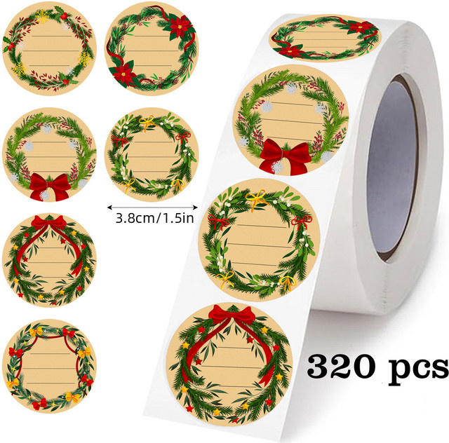 Kreisförmige Weihnachts-Kraftpapier-Aufkleber in Braun und Multicolour, 320 Stück pro Rolle, Durchmesser: 3,8 cm, dekorative DIY-Aufkleber zum Backen und Versiegeln - Bild 1