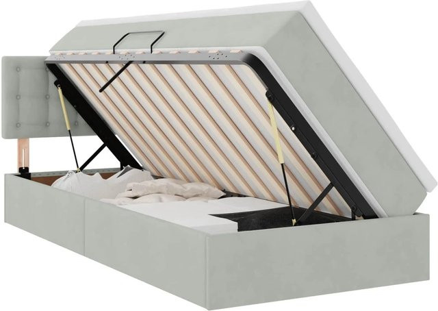 vidaXL Bett mit Stauraum und LED in Hellgrau aus Samt, B/T: 90 x 200 cm - Bild 1