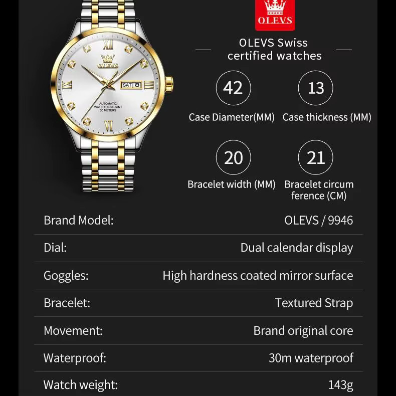OLEVS Armbanduhr Automatik, Edelstahl, Bicolor, Diamant, Herren - Bild 6