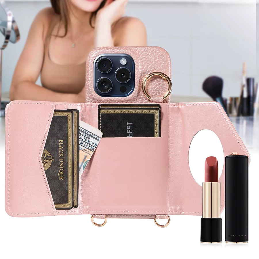 Leder-Handyhülle für Samsung Galaxy A52 A52S A53 A54 A72 A73 A91 M01core M13 in Pink mit Spiegel und langem Lanyard - Bild 6