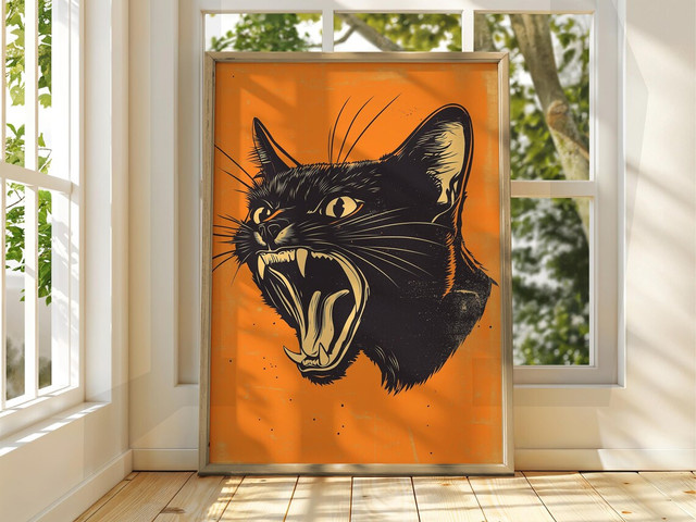 Vintage-Linoleindruck Wanddekoration von SHENCHEN mit schwarzer Katze auf orangefarbenem Hintergrund - Bild 1