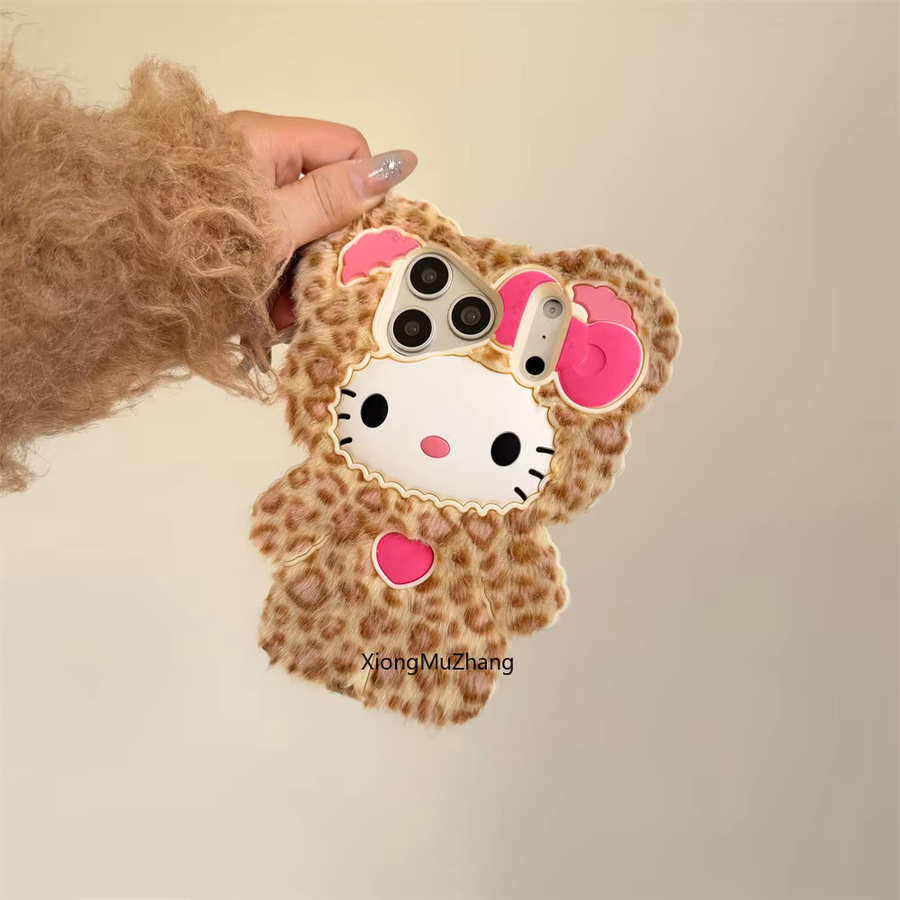 Flauschige Hello Kitty Handyhülle mit Leopardenmuster für Apple iPhone 17 16 15 14 13 Pro Max Plus in Multicolour - Bild 3