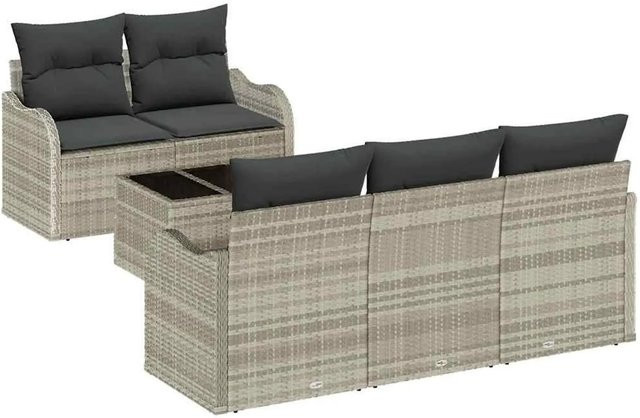 vidaXL Garten-Sofa-Set 6-teilig aus Polyrattan in Hellgrau mit Polstern und Tisch - Bild 1