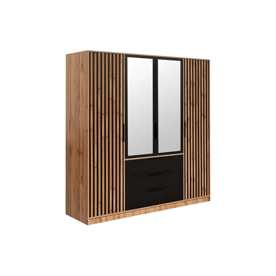 Vente-unique Kleiderschrank Lirmada in Schwarz und Naturfarben Hell mit integrierten Schubladen und Spiegeltüren, Höhe: 196 cm - Bild 2