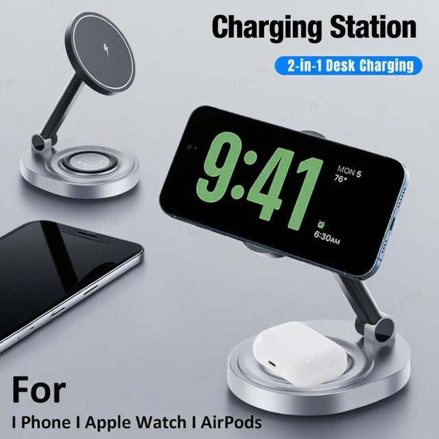 VIKEFON 2-in-1 faltbarer magnetischer kabelloser Ladegerät und Telefonhalter in Schwarz für MagSafe iPhone und AirPods - Bild 1