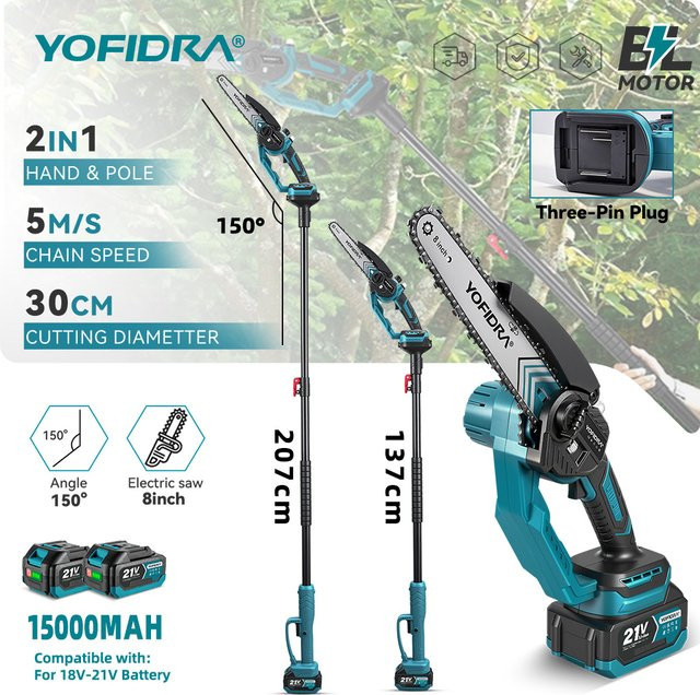 YOFIDRA Bürstenlose elektrische Kettensäge mit Teleskopstange und 8 Zoll Schiene, kabellose Garten-Baumschere kompatibel mit Makita LXT Akkus - Bild 1