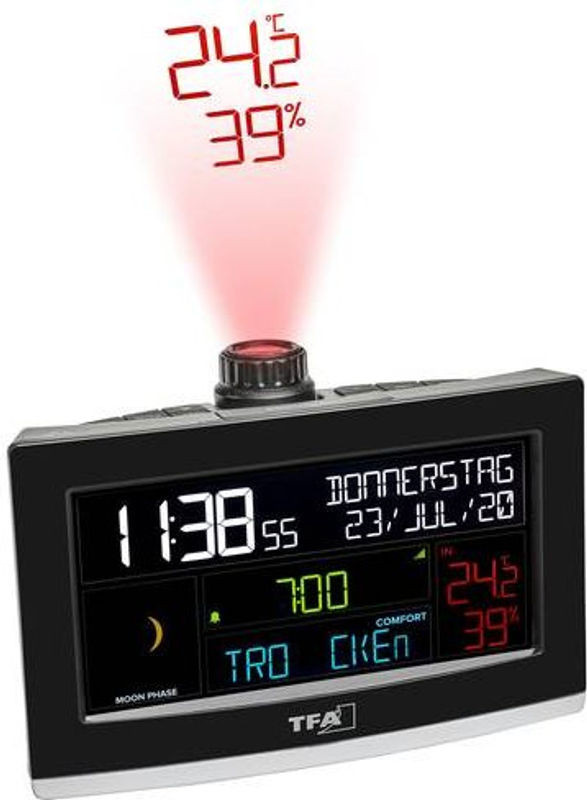 TFA Dostmann VIEW SHOW 35.8002.01 Digitale WLAN Tischuhr in Schwarz mit Projektion, Thermometer und Hygrometer - Bild 1