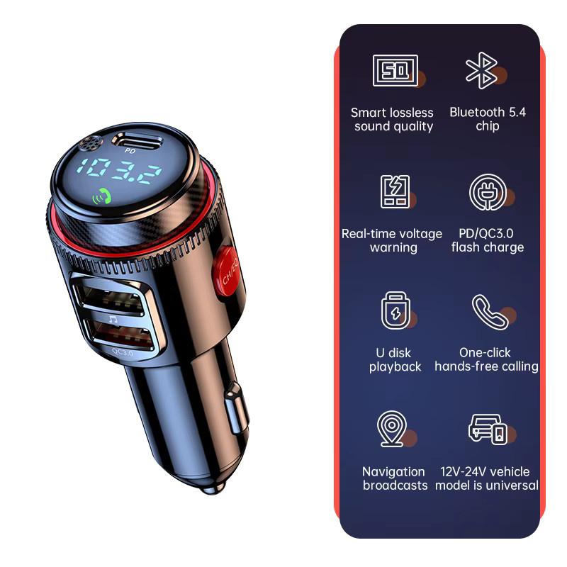 Korseed Bluetooth 5.4 Auto-Adapter mit AUX-FM-Transmitter und USB-C Schnellladefunktion QC3.0 PD 30W in Schwarz - Bild 3