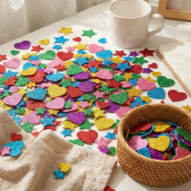 300 Stück selbstklebende Glitzer-Schaumstoff-Aufkleber in Bunt mit Sternen und Herzen für Kinderhandwerk und Dekoration - Bild 1