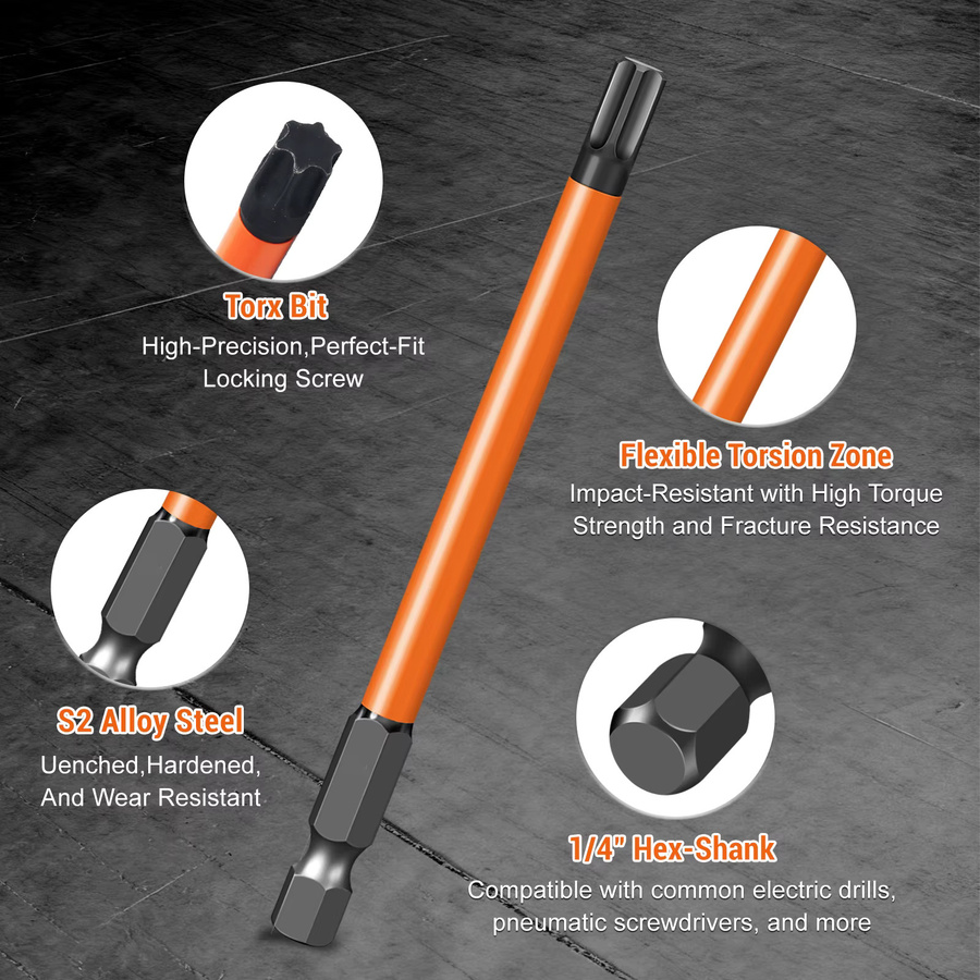 XMSJ Torx-Schraubendreher-Bit-Set aus S2-Legierungsstahl mit starkem Magnetismus und 1/4 Zoll Sechskantschaft, einzelne Bits T5-T40 in den Längen 75 mm, 100 mm und 150 mm - Bild 4