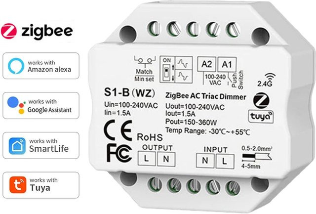 CENFAYA Tuya Zigbee RF AC Triac Dimmer LED Controller mit Push-Schalter, Smart Home Steuerung für Alexa und Google Assistant, Weiß - Bild 1