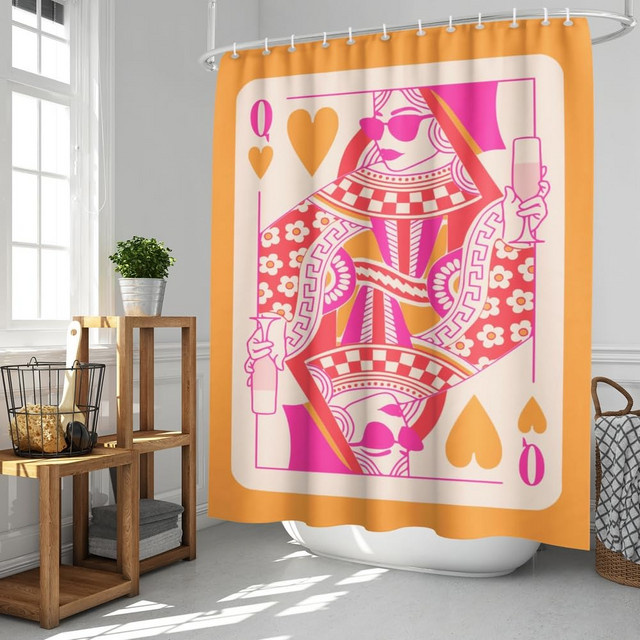 VIKAMA Queen of Hearts Duschvorhang mit Retro-Farbblock-Druck, wasserdicht und schimmelresistent, Polyester, Mehrfarbig, B/H: 90 x 180 cm - Bild 1