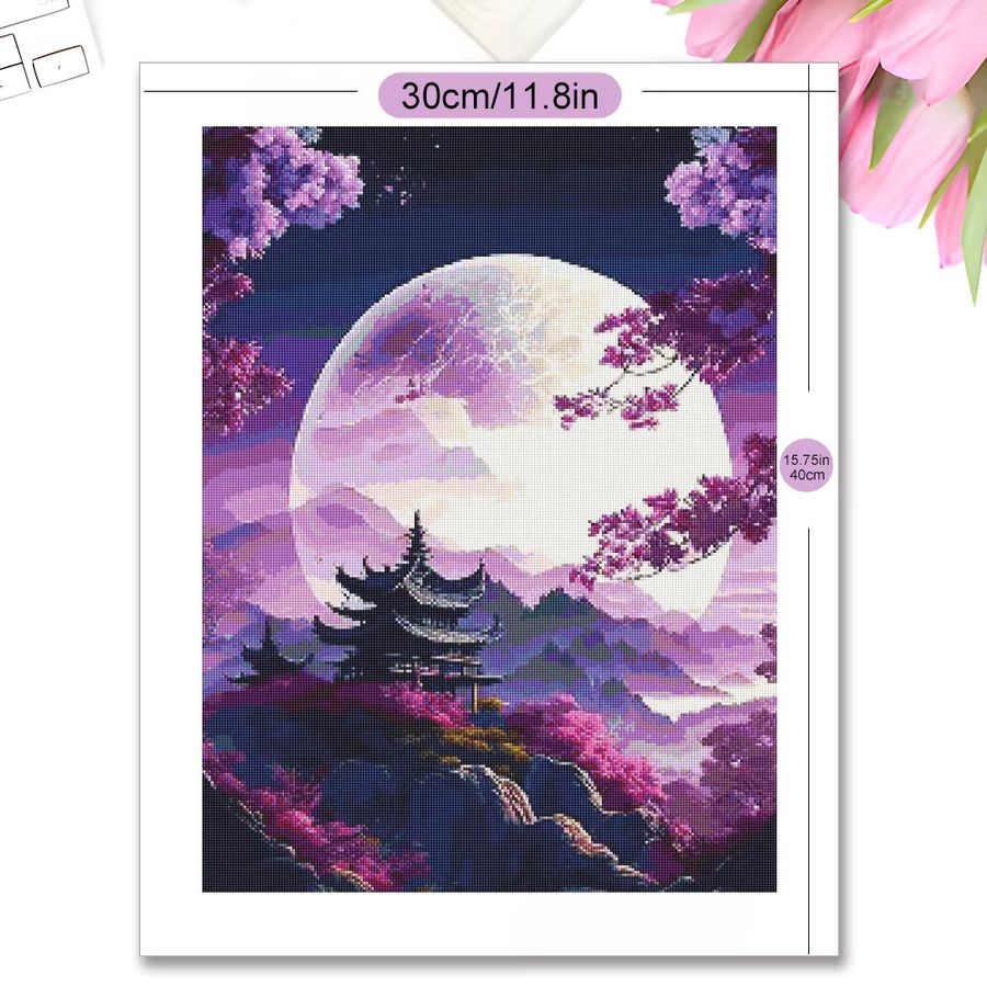 YUTTEE Diamantstickerei Set Mond Landschaft mit Baum und Blumen als Mosaik Malerei für Kreuzstich Handarbeiten - Bild 2