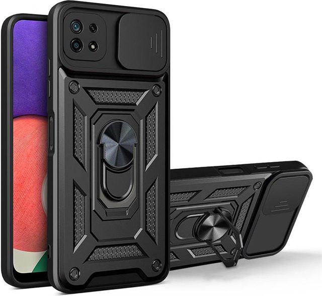 Stoßfeste Panzerhülle für Samsung Galaxy A22 5G, M22 und F22 mit Objektivschutz und magnetischem Ringhalter in Schwarz - Bild 1
