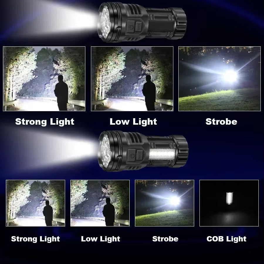 XIWANGFIRE Mini USB-aufladbare LED Taschenlampe mit 9 LEDs und COB-Flutlicht in Schwarz - Bild 3