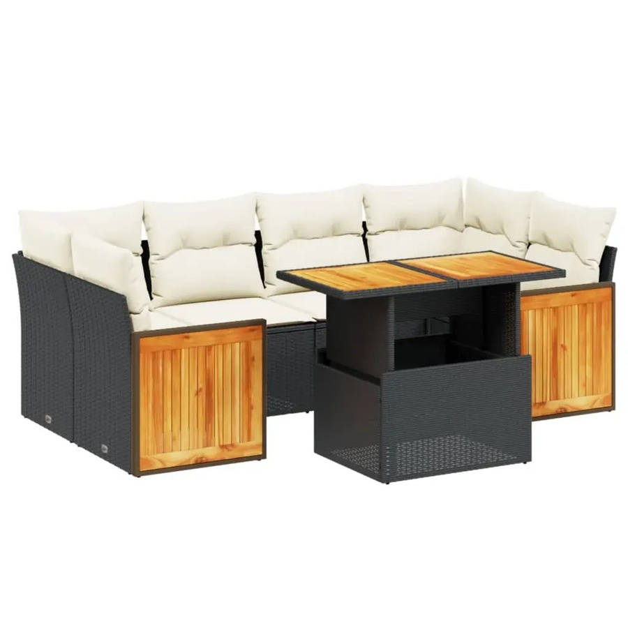 vidaXL 7-teilige Garten-Sofagarnitur aus Poly-Rattan und Akazienholz in Schwarz mit Kissen - Bild 2