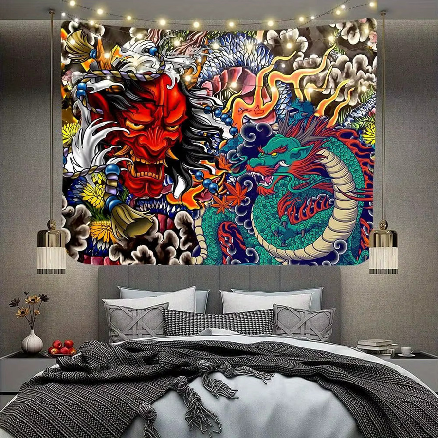 VIKAMA Wandteppich im japanischen Stil mit Hannya-Maske und grünem Drachen, bestickter Textil-Wandteppich für Gaming Room und Anime-Deko, Farbe: Grün/Mehrfarbig, B/H: 40 x 60 cm - Bild 2