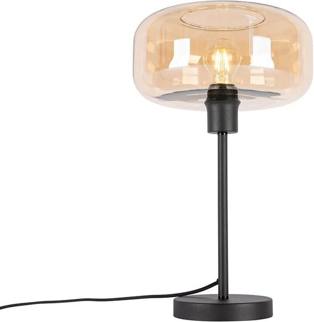 QAZQA Art Deco Tischlampe Bizle in Schwarz mit bernsteinfarbenem Glas und Stahlgestell, dimmbar - Bild 1