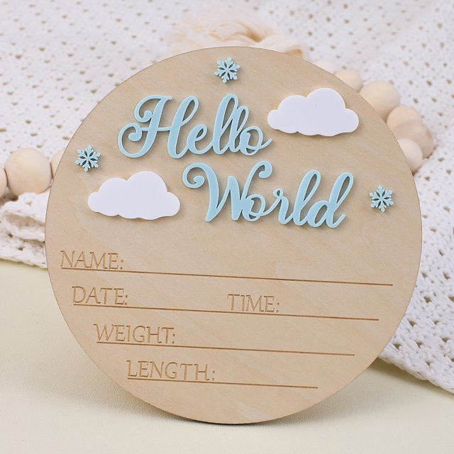 Ylsteed Neugeborenen-Fotorequisite aus Holz mit Hello World, Schneeflocken und Wolken in Blau als Geburtsanzeigetafel und Baby-Ankündigung zum Aufhängen - Bild 1