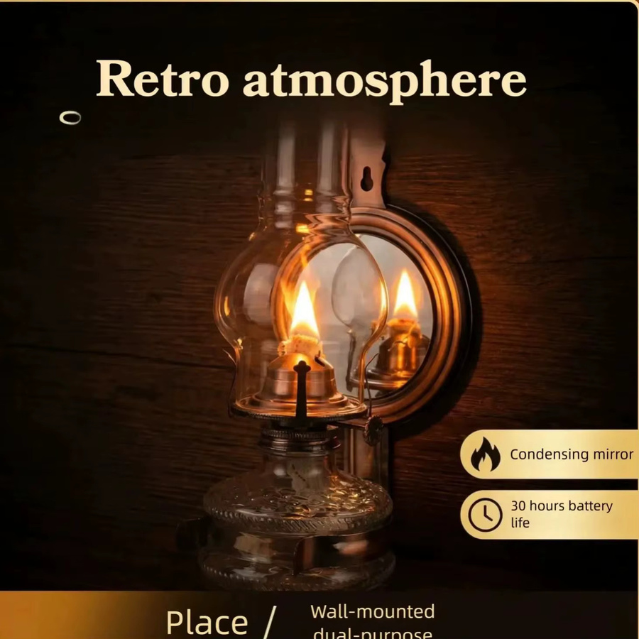 Tiaking Kerosinlampe im Retro-Stil mit Reflektor und transparentem Glas, Farbe Gold/Messing, Höhe: 27 cm - Bild 3