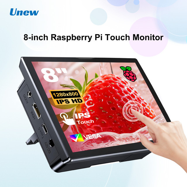 Unew Premium 8-Zoll Touchscreen-Monitor für Raspberry Pi 5/4/3 mit 1280x800 Auflösung, HDMI und USB, Schwarz, inklusive integriertem Lüfter und Lautsprechern - Bild 1