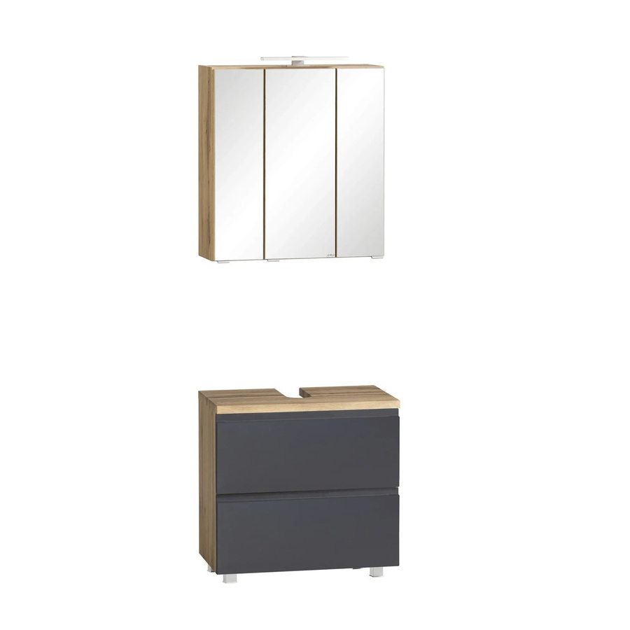 Held Möbel Ancona 2-tlg. Badezimmer-Set mit Unterbecken-Schrank und Spiegelschrank, matt Grau-Wotaneiche, Breite: 60 cm - Bild 2