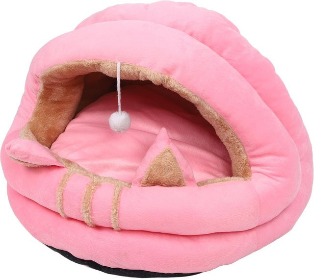 Koogeelife Katzenhöhle aus weichem Samt mit niedlichen Ohren, abnehmbarer und waschbarer Kapuze, Rosa oder Braun, Größe S für Katzen bis 4 kg - Bild 1