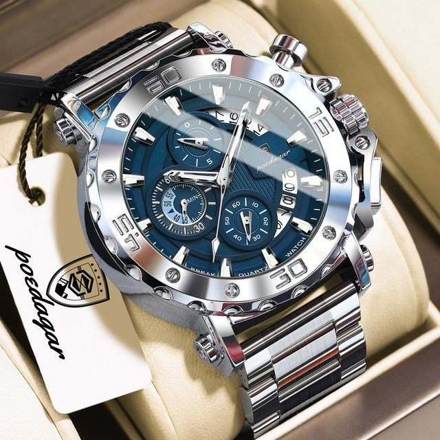 POEDAGAR Chronograph Armbanduhr, Edelstahl, Quarz, Blau, Herren - Bild 1